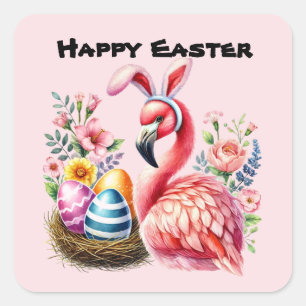 Happy Easter pink Flamingo Holiday Quadratischer Aufkleber