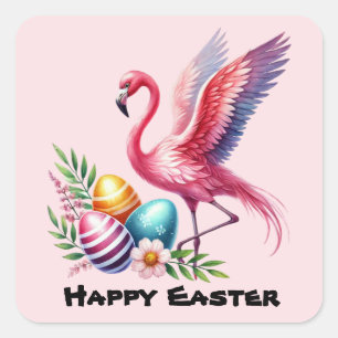 Happy Easter pink Flamingo Holiday Quadratischer Aufkleber