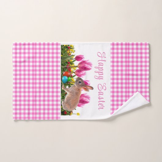 Happy Easter Pink Gingham mit Bunny Rabbit Handtuch (Handtuch)