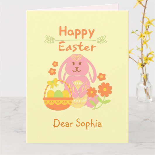 Happy Easter Pink Rabbit und Blume Card Karte (Gelbe Blume)