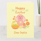 Happy Easter Pink Rabbit und Blume Card Karte (Vorderseite)