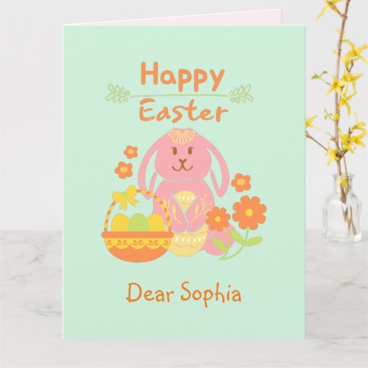 Happy Easter Pink Rabbit und Blume Card Karte (Gelbe Blume)