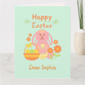 Happy Easter Pink Rabbit und Blume Card Karte (Vorderseite)