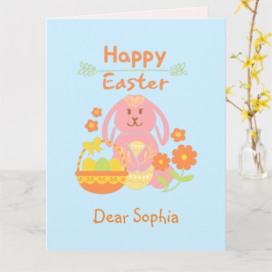 Happy Easter Pink Rabbit und Blume Card Karte (Gelbe Blume)