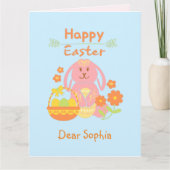 Happy Easter Pink Rabbit und Blume Card Karte (Vorderseite)