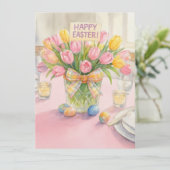 Happy Easter Pink Tulips Family Greeting Card (Stehend Vorderseite)