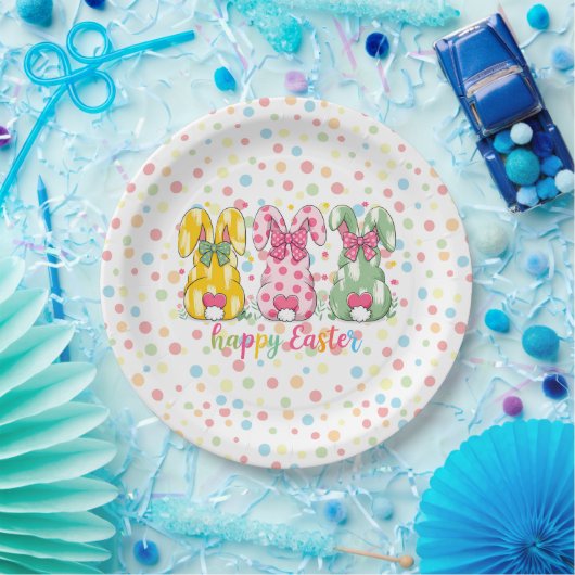Happy Easter Polka Dot Oaster Bunnies Pappteller (Party)