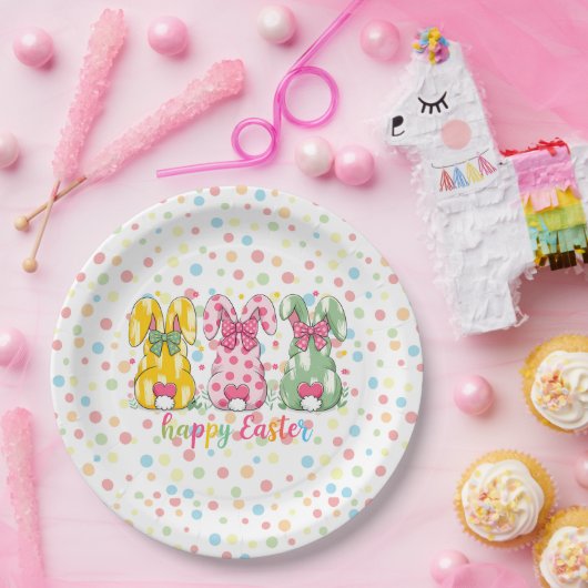 Happy Easter Polka Dot Oaster Bunnies Pappteller (Party)