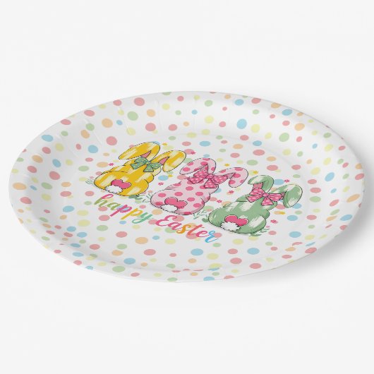 Happy Easter Polka Dot Oaster Bunnies Pappteller (Schrägansicht)