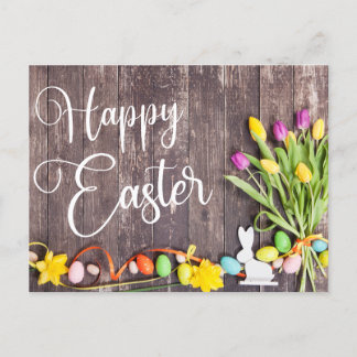 Happy Easter Postcard Wood Background Flowers Postkarte