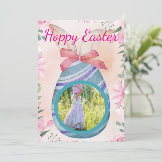 Happy Easter - purple blue egg with photo Einladung (Stehend Vorderseite)