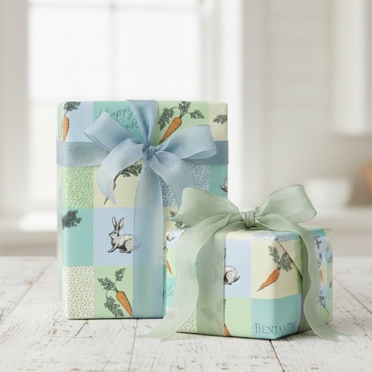 Happy Easter Rabbit & Carrot Squares Blue Pattern Geschenkpapier