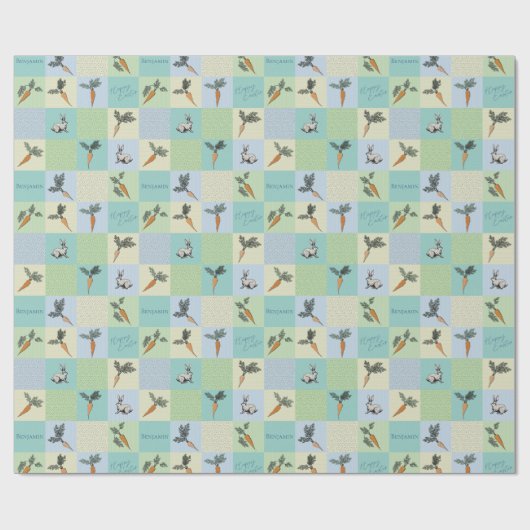 Happy Easter Rabbit & Carrot Squares Blue Pattern Geschenkpapier (Flach)
