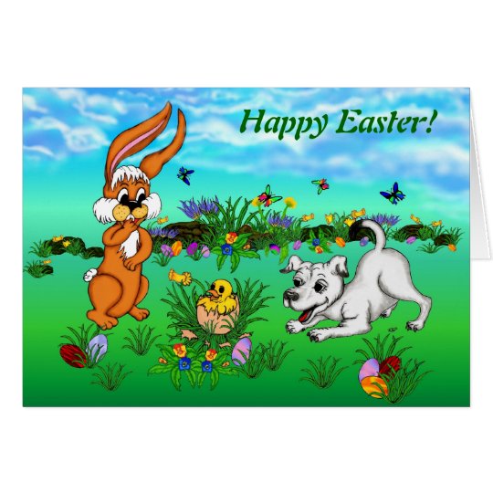 Happy Easter! Rabbit, Chick and Puppy Karte