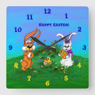 Happy Easter! Rabbit with Bunny and Chick Quadratische Wanduhr
