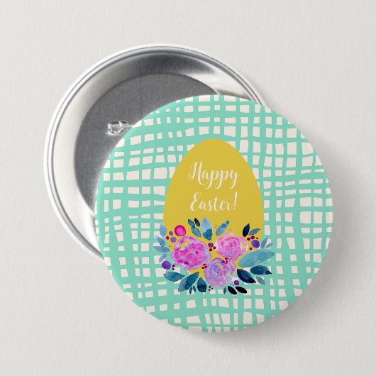 Happy Easter rustikale karierte Blumenorange Ei Button (Vorne & Hinten)