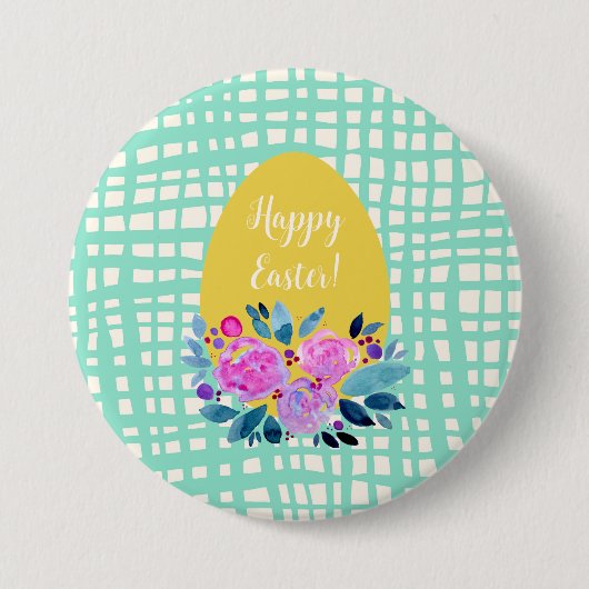 Happy Easter rustikale karierte Blumenorange Ei Button (Vorderseite)