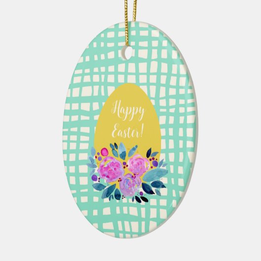 Happy Easter rustikale karierte Blumenorange Ei Keramik Ornament (Links)