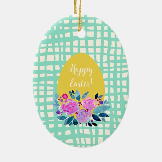 Happy Easter rustikale karierte Blumenorange Ei Keramik Ornament (Hinten)