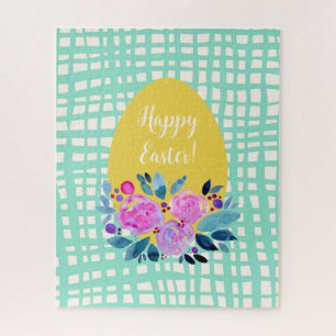 Happy Easter rustikale karierte Blumenorange Ei Puzzle