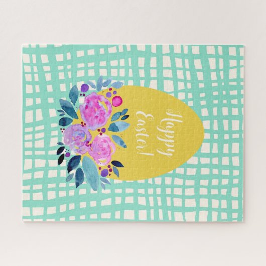 Happy Easter rustikale karierte Blumenorange Ei Puzzle (Horizontal)
