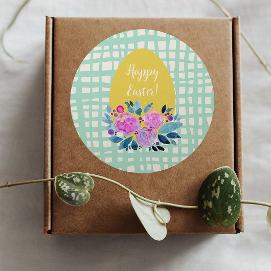 Happy Easter rustikale karierte Blumenorange Ei Runder Aufkleber