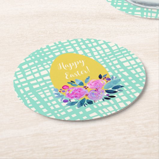 Happy Easter rustikale karierte Blumenorange Ei Runder Pappuntersetzer (Angewinkelt)