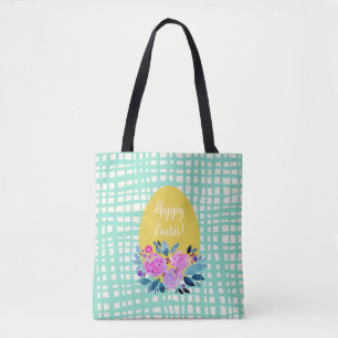 Happy Easter rustikale karierte Blumenorange Ei Tasche