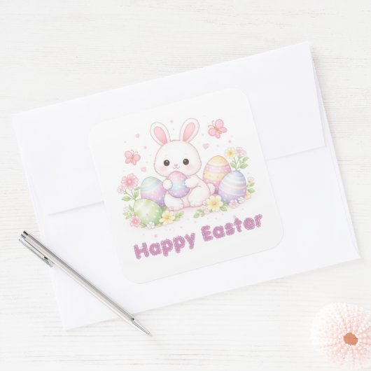 Happy Easter Spring Design - Cute Easter Bunny  Quadratischer Aufkleber (Umschlag)