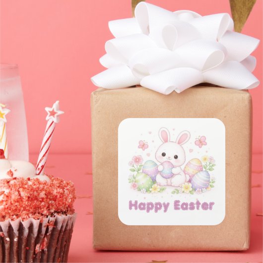 Happy Easter Spring Design - Cute Easter Bunny  Quadratischer Aufkleber (Party)