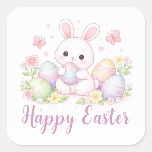 Happy Easter Spring Design - Cute Easter Bunny  Quadratischer Aufkleber (Vorderseite)