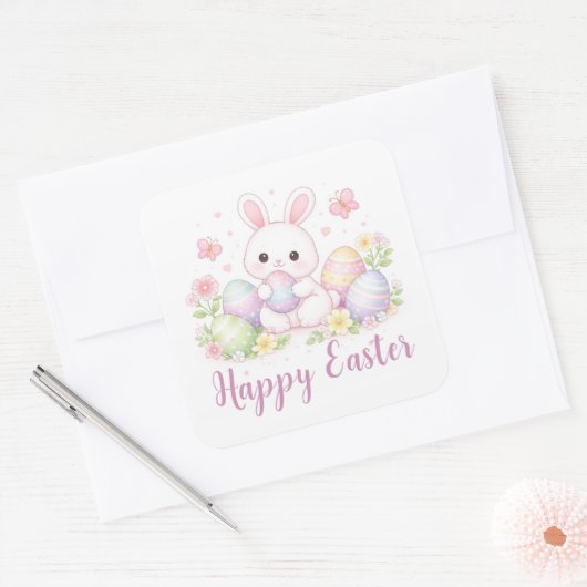 Happy Easter Spring Design - Cute Easter Bunny  Quadratischer Aufkleber (Umschlag)