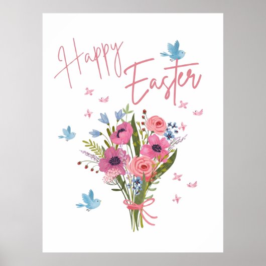 Happy Easter Spring Floral Bouquet & Blue Birds Poster (Vorne)