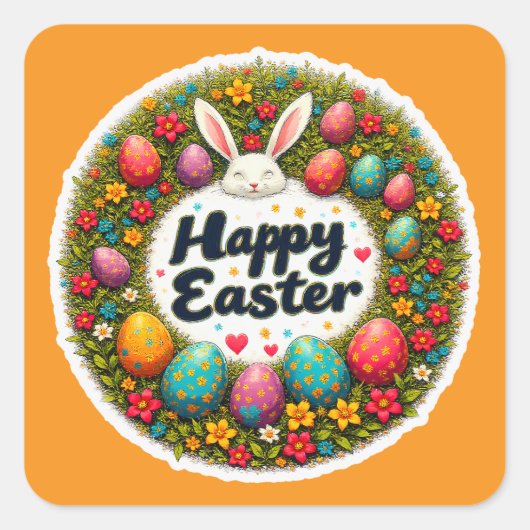 Happy Easter – Spring Floral Circle Autocolante Quadratischer Aufkleber (Vorderseite)