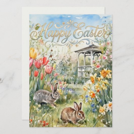 Happy Easter Spring Flowers & Bunnies Easter Card (Vorne/Hinten)