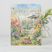 Happy Easter Spring Flowers & Bunnies Easter Card (Stehend Vorderseite)