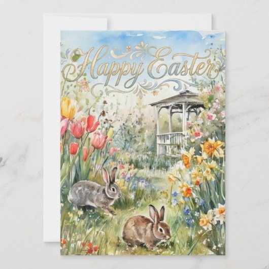 Happy Easter Spring Flowers & Bunnies Easter Card (Vorderseite)