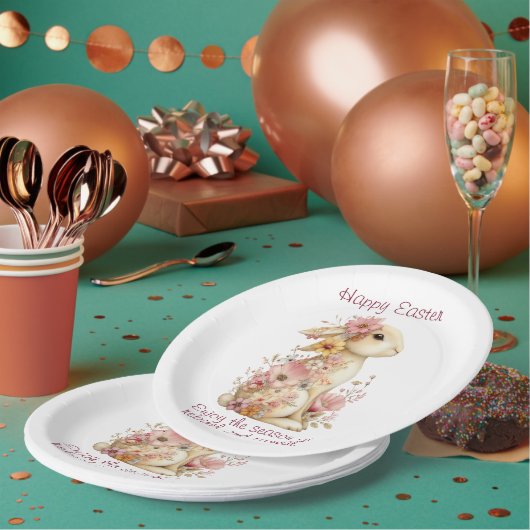 Happy Easter Spring Pink and Yellow Flowers Bunny Pappteller (Multi)