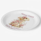 Happy Easter Spring Pink and Yellow Flowers Bunny Pappteller (Schrägansicht)