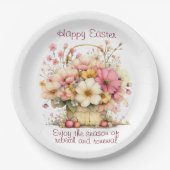 Happy Easter Spring Pink and Yellow Flowers Pappteller (Vorderseite)