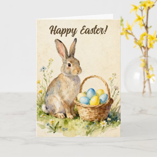 Happy Easter Vintage Bunny with Egg Basket Karte (Gelbe Blume)
