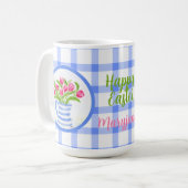Happy Easter Watercolor Tulips Blue Check Kaffeetasse (Vorderseite Links)