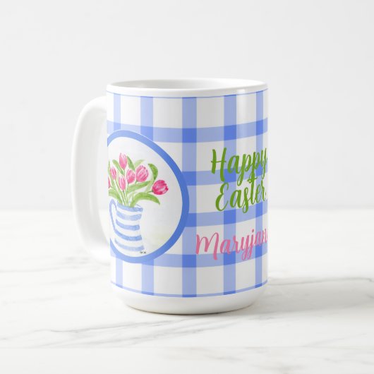 Happy Easter Watercolor Tulips Blue Check Kaffeetasse (Vorderseite Links)