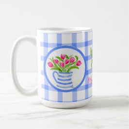 Happy Easter Watercolor Tulips Blue Check Kaffeetasse