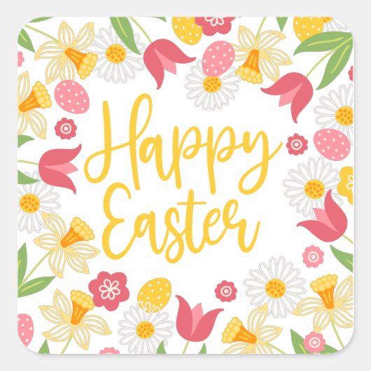 Happy Easter Whimsical Red Yellow Floral Quadratischer Aufkleber (Vorderseite)