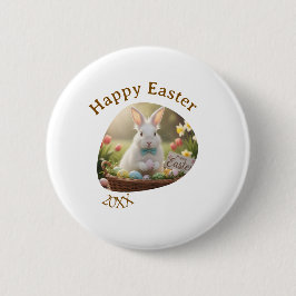 Happy Easter white bunny year photo family name  Button