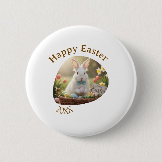 Happy Easter white bunny year photo family name Button (Vorderseite)