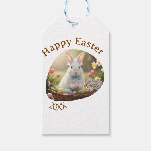 Happy Easter white bunny year photo family name Geschenkanhänger (Vorderseite)