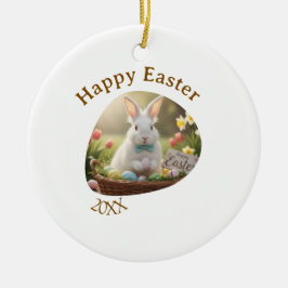 Happy Easter white bunny year photo family name  Keramik Ornament