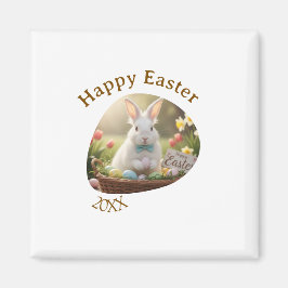 Happy Easter white bunny year photo family name  Magnet
